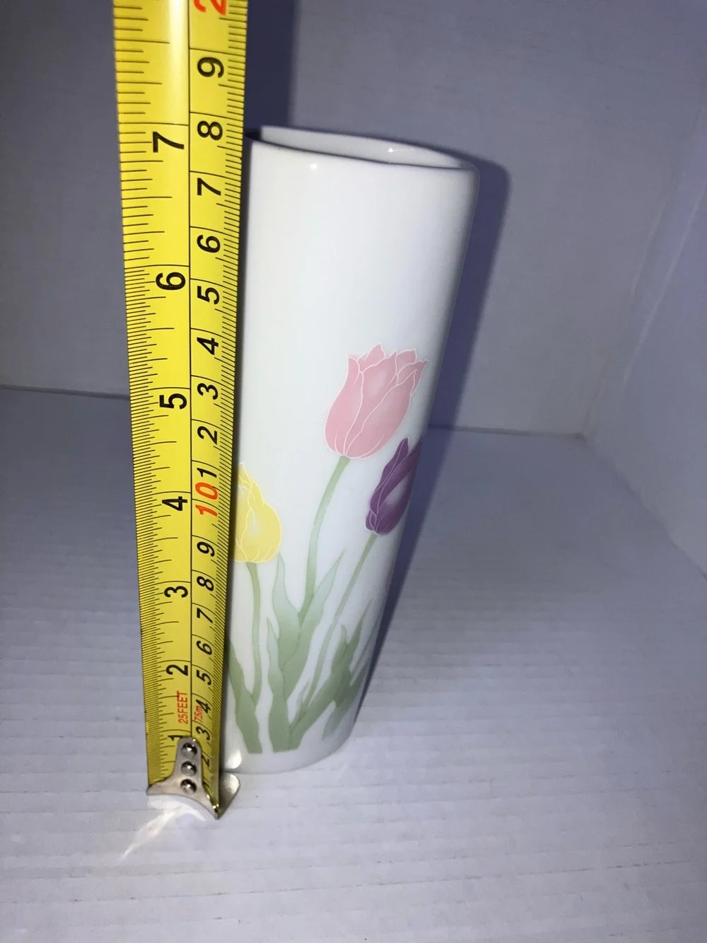 White Ceramic Tulip Vase  7” with Pastel Pink, Yellow, and Purple Flowers Vtg